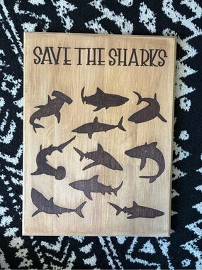 Save The Sharks Wooden Wall Art - Natural & Dark Brown